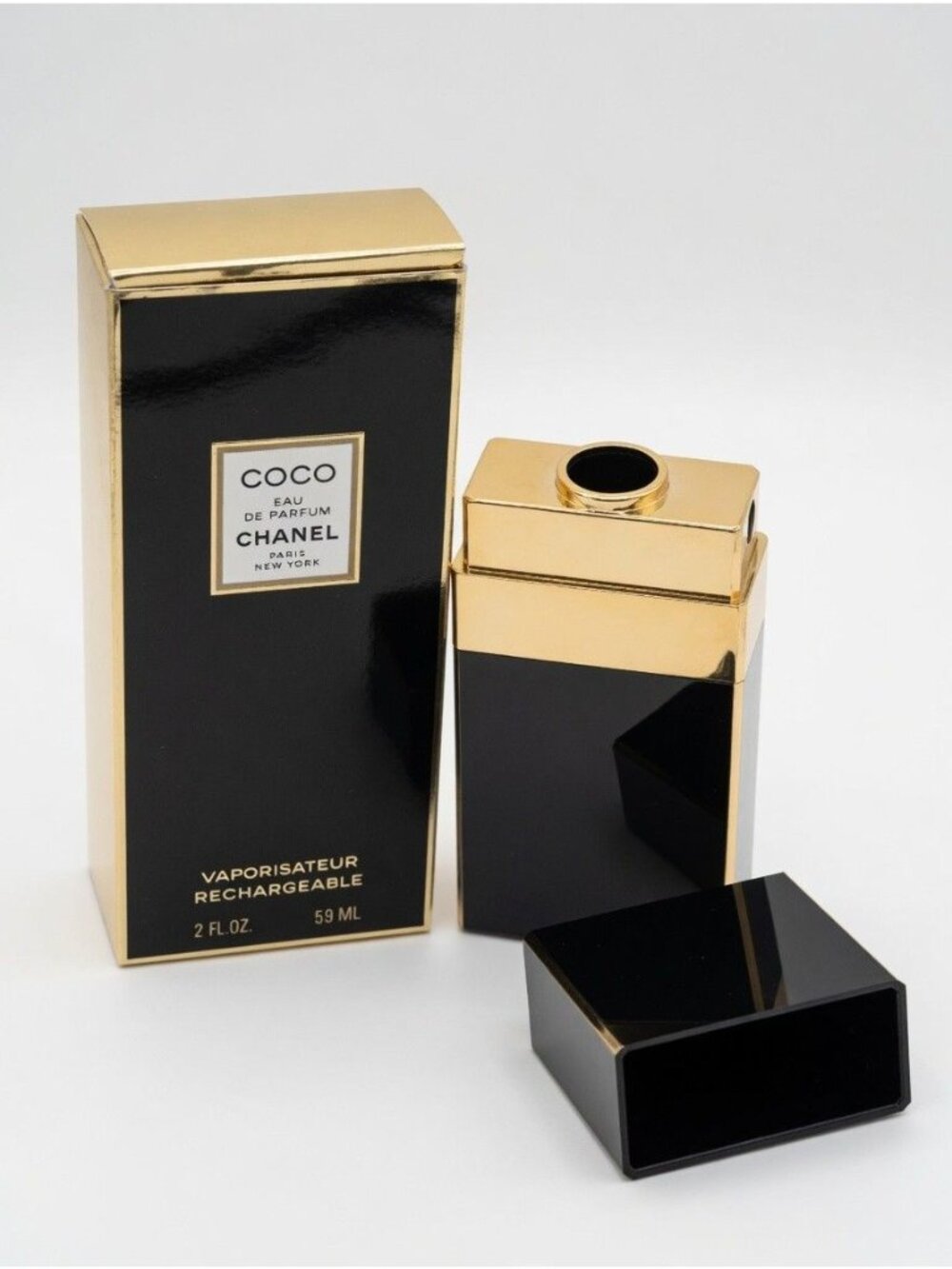 Chanel Coco Eau de Parfum Empty Refillable Perfume Bottle Black Gold Case + Box